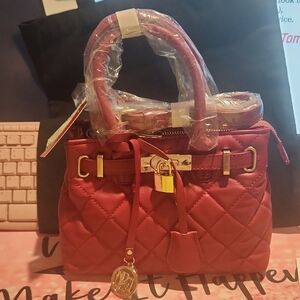 Studio Badgley Mischka Small Red Quilted Satchel with Gold Hardware Crossbody